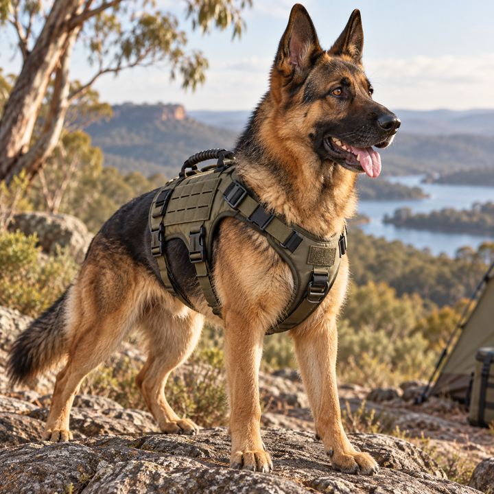 Creed wearing the BarkBoot Ranger Pro Tactical Dog Harness outdoors