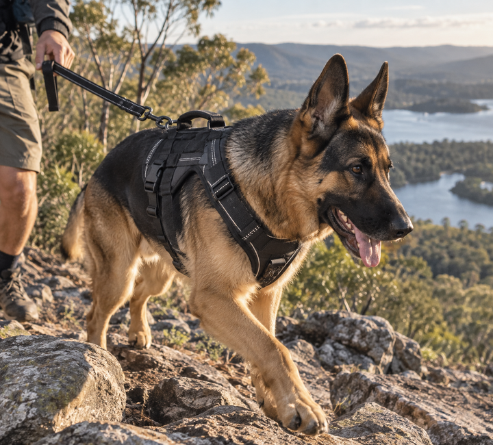Creed wearing the BarkBoot TrailForce Heavy-Duty Harness and Leash Set outdoors