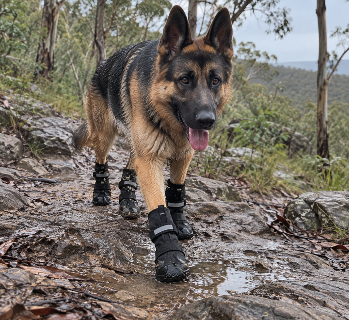 Creed wearing BarkBoot TrailShield Dog Boots on a rugged wet trail