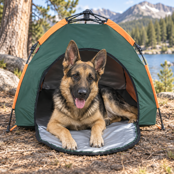 Creed using the BarkBoot Basecamp Pop-Up Dog Tent outdoors