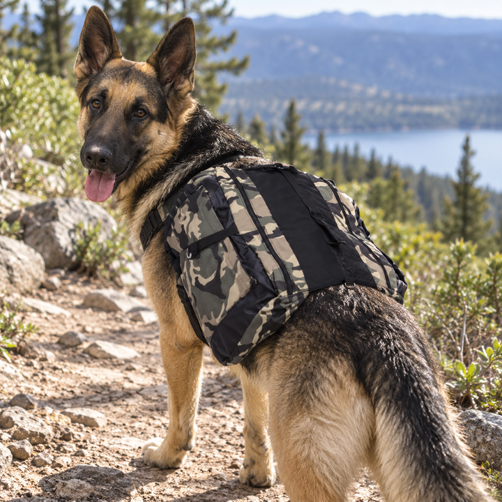 Creed wearing the BarkBoot Expedition Dog Saddle Pack on a trail