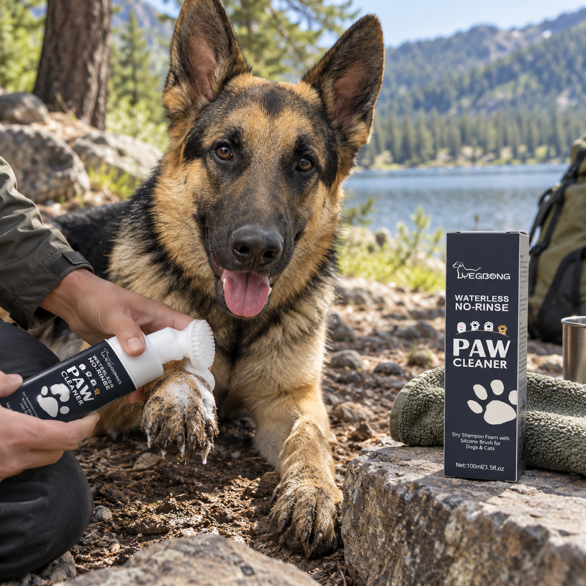 Creed using BarkBoot FieldClean No-Rinse Paw Foam outdoors