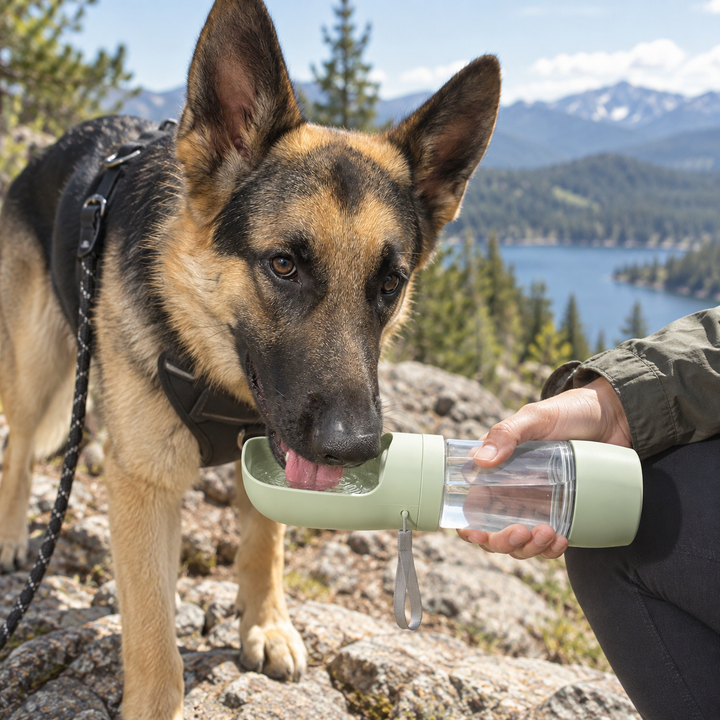 Creed drinking from the BarkBoot FieldFlow Portable Dog Water Bottle outdoors