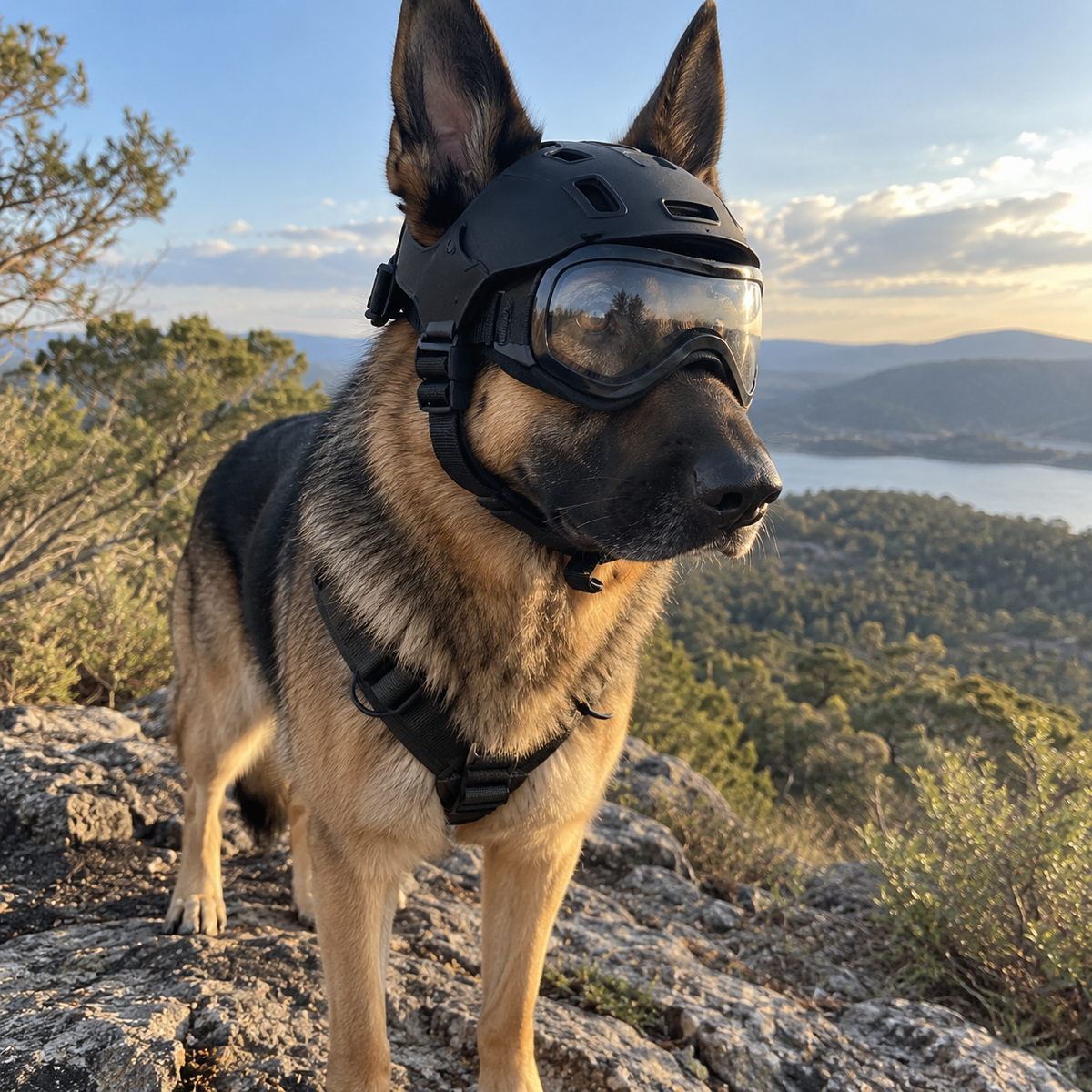 Creed wearing the BarkBoot K9 Ranger Helmet and Goggle Set outdoors