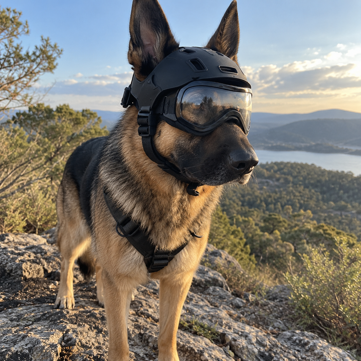 Creed wearing the BarkBoot K9 Ranger Helmet and Goggle Set outdoors