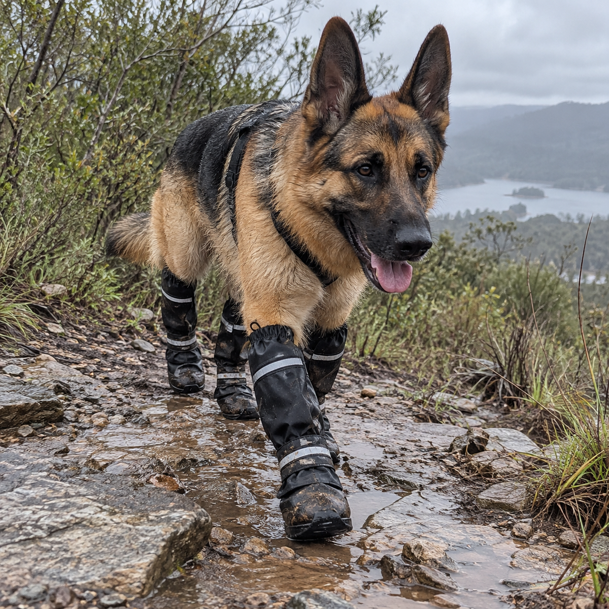 Creed wearing BarkBoot MudGuard Full-Leg Dog Boots on a wet trail