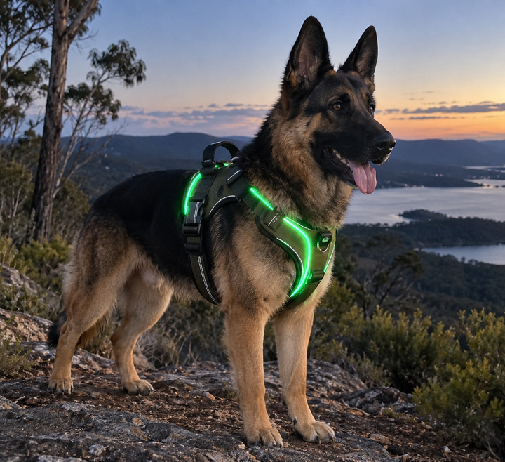 Creed wearing the BarkBoot NightOps Rechargeable LED Dog Harness at dusk