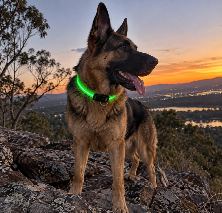 Creed wearing the BarkBoot NightWatch LED Safety Dog Collar at dusk