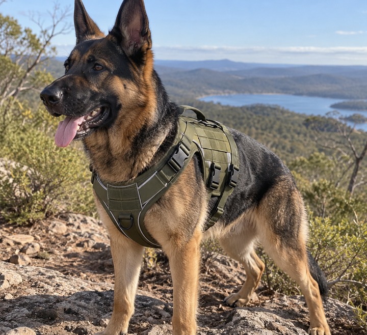 Creed wearing the BarkBoot Scout Reflective Control Harness outdoors