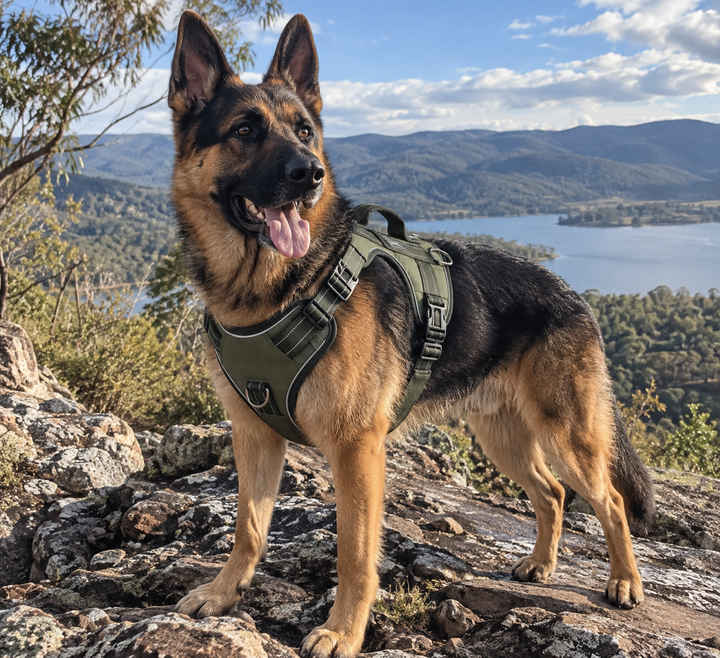 Creed wearing the BarkBoot Sentinel Reflective No-Pull Tactical Harness outdoors