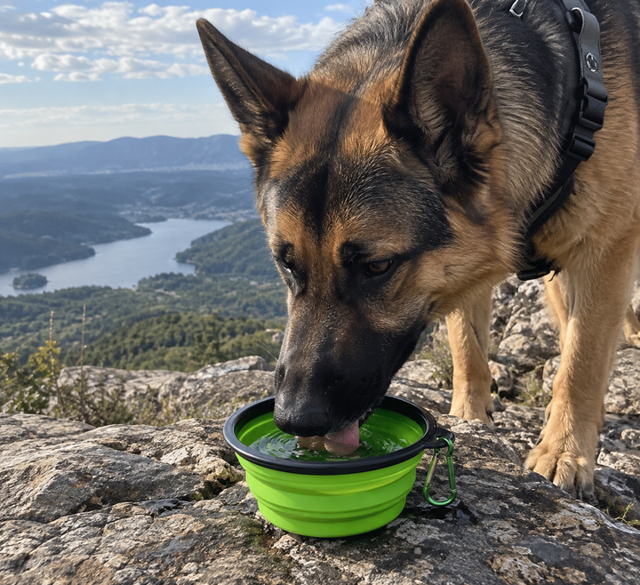 Creed drinking from the BarkBoot TrailBowl Collapsible Travel Bowl outdoors