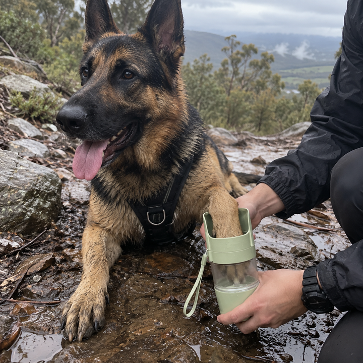 Creed using the BarkBoot TrailClean Paw Washer after a muddy hike