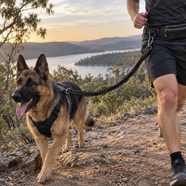Creed using the BarkBoot TrailRunner Hands-Free Dog Leash on a rugged trail