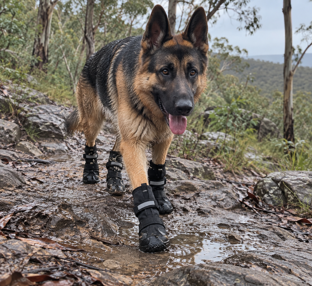 Creed wearing BarkBoot TrailShield Dog Boots on a rugged wet trail