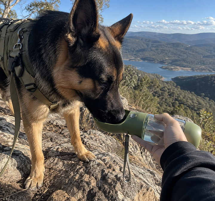 Creed drinking from the BarkBoot TrailTank Portable Dog Water Bottle outdoors