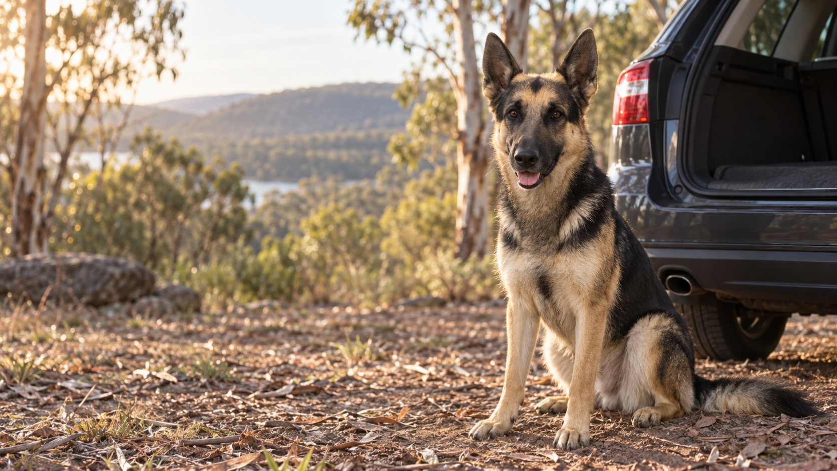 Creed, the German Shepherd behind BarkBoot, outdoors